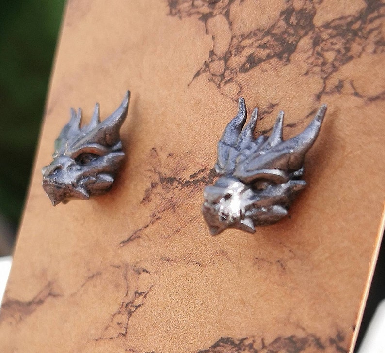 Handpainted 3D Printed Stainless Steel & Resin Dragon Stud Earrings, Silver Coloured Large Stud Post Earrings, Fantasy Gothic Steampunk image 1