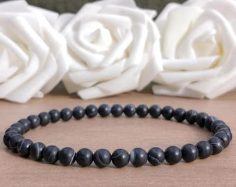 Black & White Frosted Banded Agate Bead Stretch Bracelet, 6mm Matte Stone Beaded Boho Stretchy Stacking Bracelet, Handmade Bracelet UK