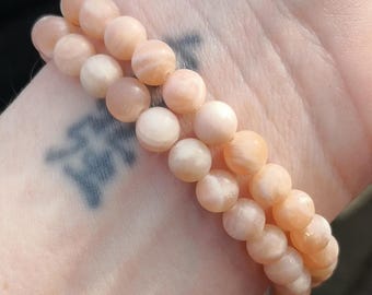 Frosted Sunstone Beaded Stretch Bracelet, 6mm Natural Pink Stone Boho Bead Stretchy Bracelet, Peach Moonstone Bracelet, Handmade Bracelet UK