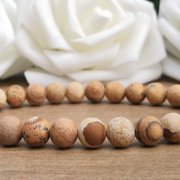 Frosted Picture Jasper Bead Bracelet For Men, Jasper Stone Beaded Bracelet For Women, Stretchy Brown Jasper Bracelet, Handmade Bracelet UK