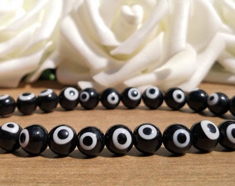 Black Evil Eye Beaded Bracelet, 8mm Glass Lucky Eye Bracelet For Men, Black Nazar Stretchy Bead Bracelet For Women, Turkish Greek Protection