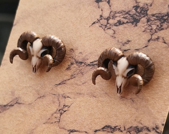 Hand Painted 3D Printed Stainless Steel & Resin Ram Skull Earrings, Realistic Bone Effect Ram's Skull Studs, Unique Handmade Earrings UK