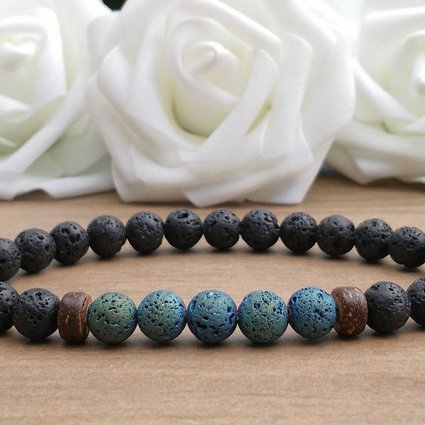 Black Lava Stone Bracelet, Blue Metallic Lava Bead Bracelet For Men, Diffuser Bracelet For Women, Gemstone Bracelet Rustic Yoga Bohemian