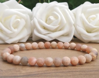 Frosted Sunstone Bead Stretch Bracelet, 8mm Natural Peach Moonstone Beaded Stretchy Boho Stacking Bracelet, Handmade Bracelet UK