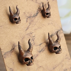 Hand Painted 3D Printed Stainless Steel & Resin Horned Skull Push Back Earrings, Unique Copper Coloured Gothic Skull Studs For Men And Women