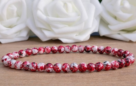 Blood Splatter Bracelet, Dainty 6mm Blood Spatter Bracelet, Horror Bracelet, Glass Beaded Bracelet, Emo Gothic Halloween Gore Slasher Unisex
