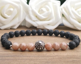 Stainless Steel Sun Bead Stretch Bracelet With Pink Sunstone & Black Lava Rock, 8mm Natural Stone Beaded Stretchy Bohemian Stacking Bracelet