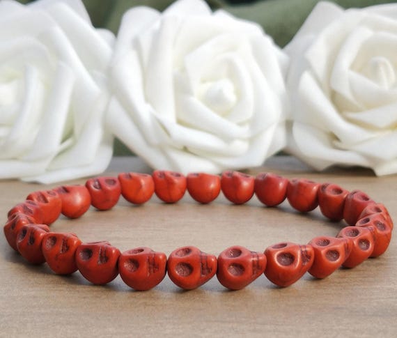 Brown Skull Bead Stretch Bracelet, Elasticated Brown Skull Beaded Stretchy Stack Bracelet, Halloween Skull Bead Bracelet For Men And Women