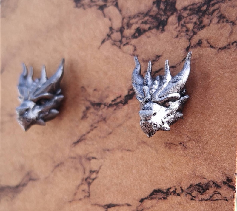 Handpainted 3D Printed Stainless Steel & Resin Dragon Stud Earrings, Silver Coloured Large Stud Post Earrings, Fantasy Gothic Steampunk image 10