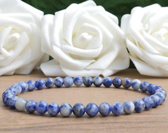 Blue Spot Jasper Bead Stretch Bracelet, 6mm Natural Blue & White Semi-Precious Stone Beaded Stretchy Stacking Bracelet, Handmade Bracelet UK