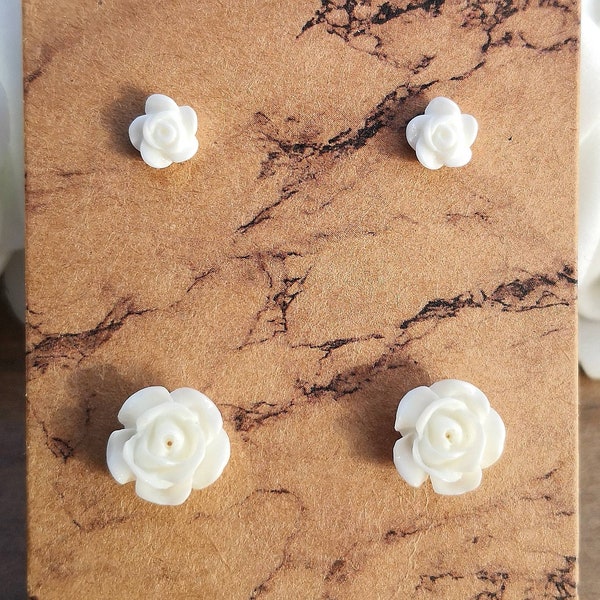 White Flower Stud Earrings, Stainless Steel & Resin Cute Floral Stud Earrings For Girls, Womens Small 6mm Large 10mm Boho White Rose Studs