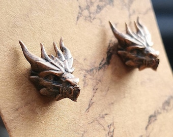 Hand Painted 3D Printed Stainless Steel & Resin Dragon Stud Earrings, Handmade Copper Coloured Large Stud Post Dragon Push Back Earrings,