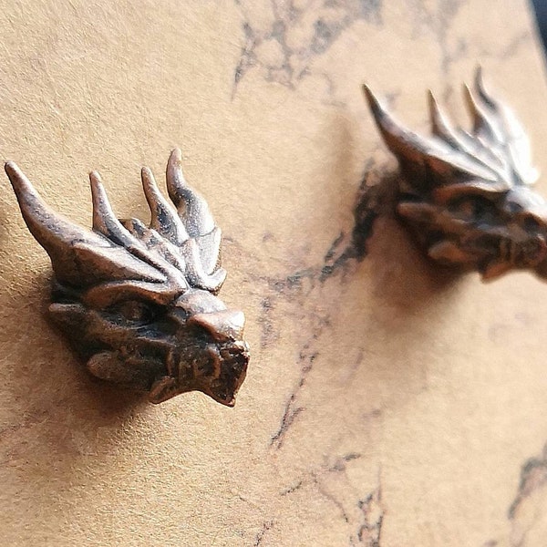 Handpainted 3D Printed Stainless Steel & Resin Dragon Stud Earrings, Copper Coloured Large Stud Post Earrings, Fantasy Gothic Steampunk