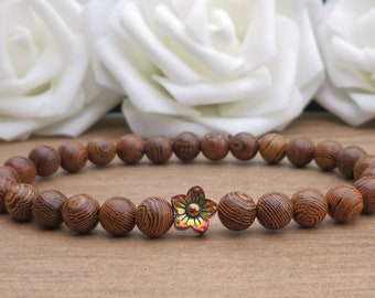 Bracelet bohème en perles de bois naturel avec fleurs en hématite pour femme, bracelet bohème léger et extensible en bois de 8 mm pour filles, féminin