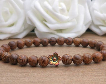 Natural Wooden Beaded Bohemian Hematite Flower Bracelet For Women, Girls Boho Lightweight Stretchy 8mm Wood Stack Bracelet, Feminine Girly