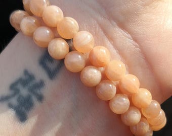 Natural Pink Sunstone Bead Stretch Bracelet, 6mm Peach Moonstone Beaded Stretchy Bohemian Stacking Bracelet, Handmade Bracelet UK