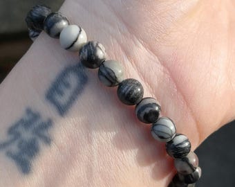 Web Jasper/Netstone/Black Silk Stone Bead Stretch Bracelet, 6mm Black Grey & White Natural Stone Beaded Stretchy Bohemian Stacking Bracelet