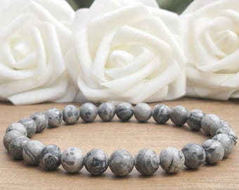 Grey Map Stone Bead Bracelet 8mm, Natural Grey Jasper Stretch Bracelet, Monochrome Unisex Stackable Jewellery