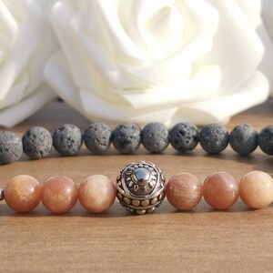 Pink Sunstone & Grey Lava Stone Stainless Steel Sun Bead Stretch Bracelet, 8mm Natural Stone Beaded Stretchy Bracelet, Handmade Bracelet UK