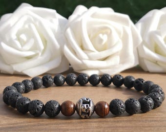 Black Lava Rock & Stainless Steel Skull Bead Stretch Bracelet, 8mm Natural Stone Gothic Skull Beaded Stretchy Bracelet, Handmade Bracelet UK