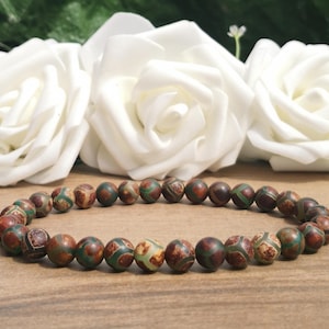 Tibetan Dzi Style Patterned Agate Stone Beaded Stretch Bracelet, 8mm Green & Brown Stone Stretchy Stacking Bracelet, Handmade Bracelet UK