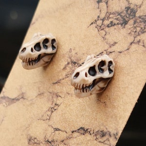 Hand Painted 3D Printed Stainless Steel & Resin T-Rex Skull Stud Earrings, Aged Bone Effect Large Tyrannosaurus Rex Skull Stud Post Earrings