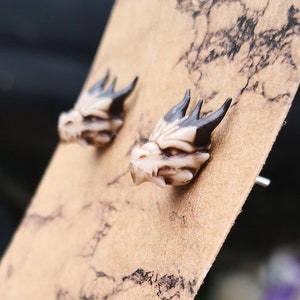 Hand Painted 3D Printed Stainless Steel & Resin Dragon Stud Earrings, Aged Bone Coloured Large Stud Post Earrings, Fantasy Gothic Mythical