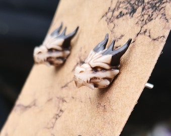 Hand Painted 3D Printed Stainless Steel & Resin Dragon Stud Earrings, Aged Bone Coloured Large Stud Post Earrings, Fantasy Gothic Mythical