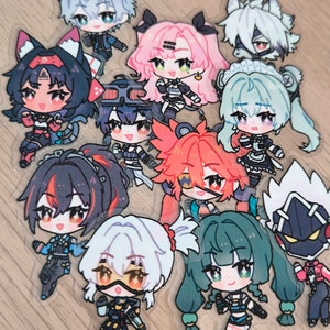 May include: A collection of ten colorful anime character stickers. The stickers feature characters with different hair colors, clothing, and accessories. The stickers are printed on clear plastic and have a glossy finish.