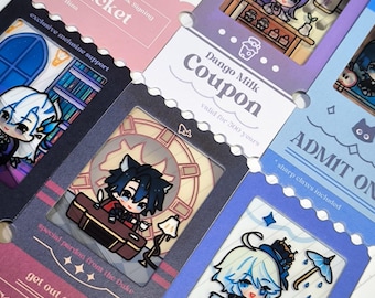 May include: A collection of colorful ticket-style cards featuring anime-style illustrations. The cards have various designs, including a ticket for a book signing, a coupon for Dango Milk, and a "get out of jail" free card. Text includes "Vae Publishing House" and "Surintendante Chevalmarin's debut!"