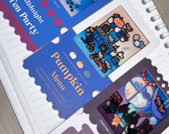 May include: A collection of whimsical event tickets with scalloped edges, featuring illustrations and text. The tickets are blue, purple, and white, with phrases like "Midnight Tea Party" and "Pumpkin Menu." The illustrations include cartoon characters and themed imagery.