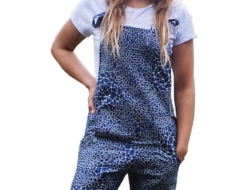Funky Fit Dungarees/African Wax Print Fabric/Graphic Abstract Print Kitenge/White Cotton/Blue Cotton/