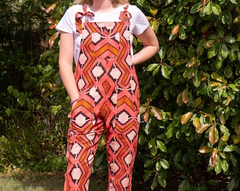Funky Fit Dungarees/African Wax Print Fabric/Graphic Geometric Print Kitenge/Pink, White & Black Cotton/UK size 8-10