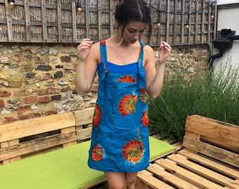 Blue Dungadress/African Wax Print/Red and Orange Floral Pattern/Cotton Pinafore Dress/Kitenge/UK 6/8/10/12