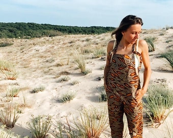 Funky Fit Dungarees/African Wax Print Fabric/Graphic Abstract Print Kitenge/White Cotton/Beige Cotton/