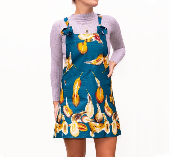 Feather Print Dungadress/African Wax Print/Blue Cotton Pinafore Dress/Kitenge Overall Shift Dress/UK 8/10