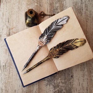 qrimoire, custom fountain pen,wedding pen,LEATHER pen,hippogriff quill dip pen, mystic,fantasy,magic ritual,LEATHER wizard feather pen