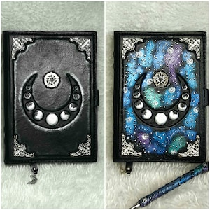 3D leather refilable notebook, magic ritual,galaxy,leather grimoire,moon,pagan,personalized leather journal,book of shadows,cosplay,wizard