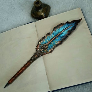 qrimoire, custom fountain pen,wedding pen,LEATHER pen,hippogriff quill dip pen, mystic,phoenix,magic ritual,LEATHER wizard feather pen
