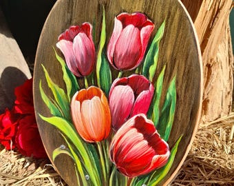 Hand-Painted Tulip Decor Cutting Board, Kitchen & Home Decor (10.63x7.87 in)
