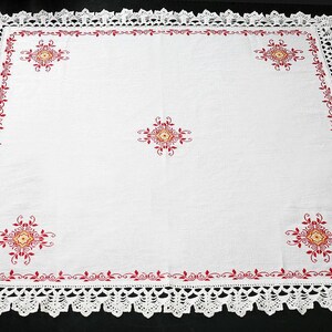 White embroidered tablecloth with lace  45*45  inch  Wedding gift White floral table linen Rustic table cover   Cotton lace tablecloth