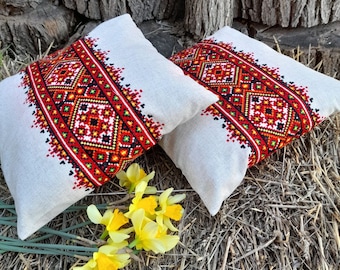 Embroidered Throw Pillow 12*15 Ornament Decorative Pillow Hand Embroidered Cushion Home Decor Pillow with Ukrainian ornament  Gift for home