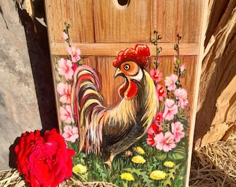 Hand-Painted Rooster on Wood, Farmhouse Kitchen Decor, Rustic Chicken Wall Art