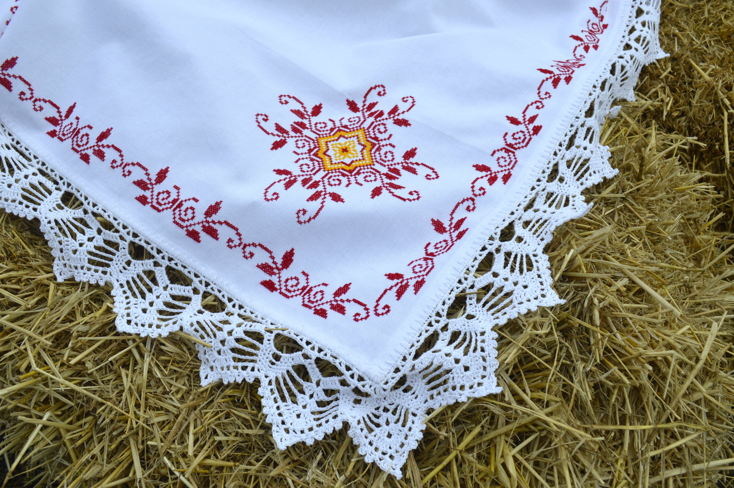 White embroidered tablecloth with lace 4541 inch Wedding Etsy