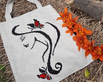 Handmade Embroidered Linen Tote Bag: Woman & Butterfly Design