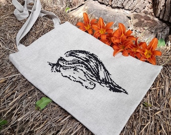 Handmade Embroidered Linen Tote Bag: Horse Design, Gift from Ukraine