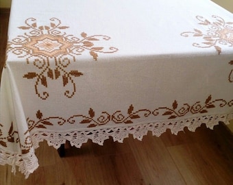 Spetsduk rektangel / Broderad duk / Bomullsspetsduk / Vit / Blommig dukprydnad / Julduk present