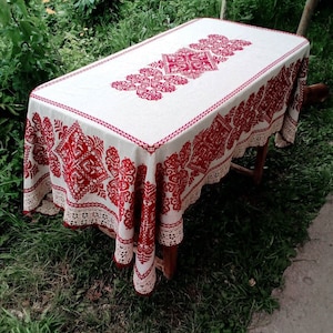 Embroidered linen tablecloth &quot;Love charm&quot;  Wedding and holiday tablecloth  Embroidered gift  Kitchen table cover with lace  Newlywed gift