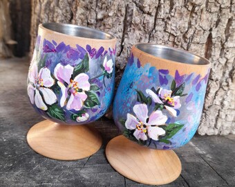 Hand Painted Floral Candlestick Set, Wooden Tabletop Decor