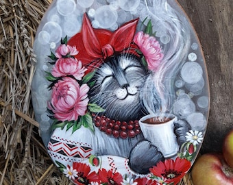 Hand-Painted Cat Cutting Board, Kitchen Wall Decor (11.4x9 inch)